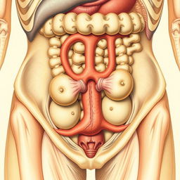 A detailed anatomical illustration of a mammal's lower abdomen, highlighting the gonads prominently, with a focus on their structure and function