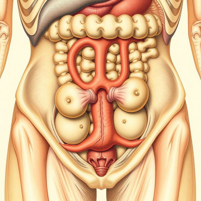 A detailed anatomical illustration of a mammal's lower abdomen, highlighting the gonads prominently, with a focus on their structure and function