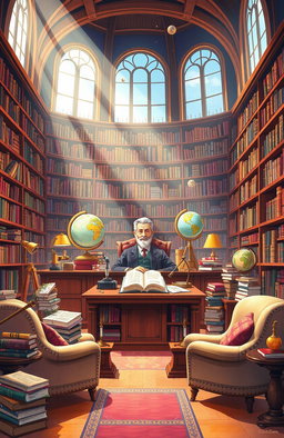 A visually engaging illustration that bridges the gap between science and literature, featuring a vast library filled with an array of scientific books and classic literature