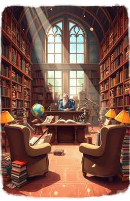 A visually engaging illustration that bridges the gap between science and literature, featuring a vast library filled with an array of scientific books and classic literature