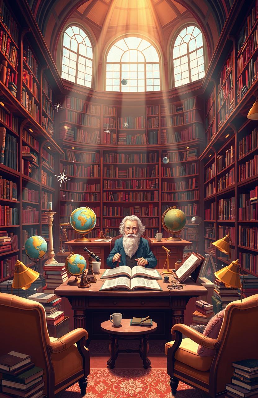 A visually engaging illustration that bridges the gap between science and literature, featuring a vast library filled with an array of scientific books and classic literature