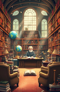 A visually engaging illustration that bridges the gap between science and literature, featuring a vast library filled with an array of scientific books and classic literature