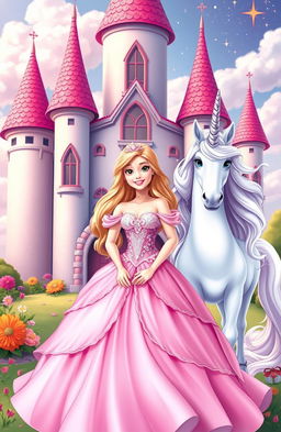 A charming princess standing in front of a whimsical princess castle, wearing a beautiful pink gown, adorned with sparkling details