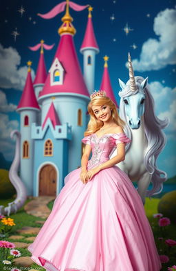 A charming princess standing in front of a whimsical princess castle, wearing a beautiful pink gown, adorned with sparkling details