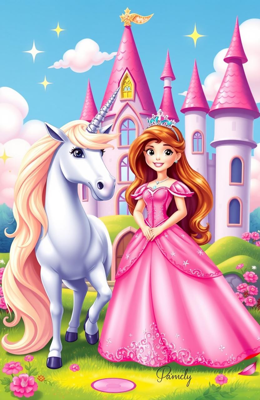 A charming princess standing in front of a whimsical princess castle, wearing a beautiful pink gown, adorned with sparkling details