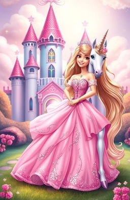 A charming princess standing in front of a whimsical princess castle, wearing a beautiful pink gown, adorned with sparkling details