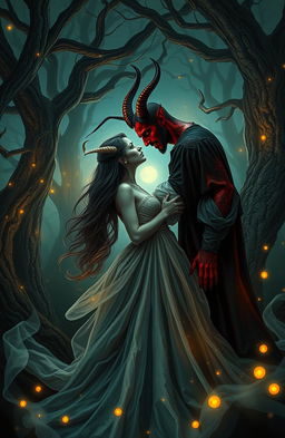 A dramatic and romantic scene depicting a dark, enchanted forest at twilight, where a mysterious figure resembling a devil is gazing passionately at a beautiful woman dressed in an elegant, flowing gown