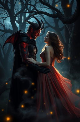 A dramatic and romantic scene depicting a dark, enchanted forest at twilight, where a mysterious figure resembling a devil is gazing passionately at a beautiful woman dressed in an elegant, flowing gown