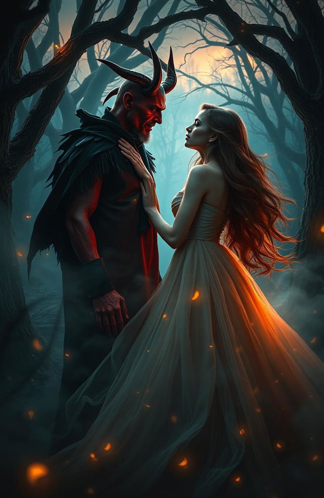 A dramatic and romantic scene depicting a dark, enchanted forest at twilight, where a mysterious figure resembling a devil is gazing passionately at a beautiful woman dressed in an elegant, flowing gown
