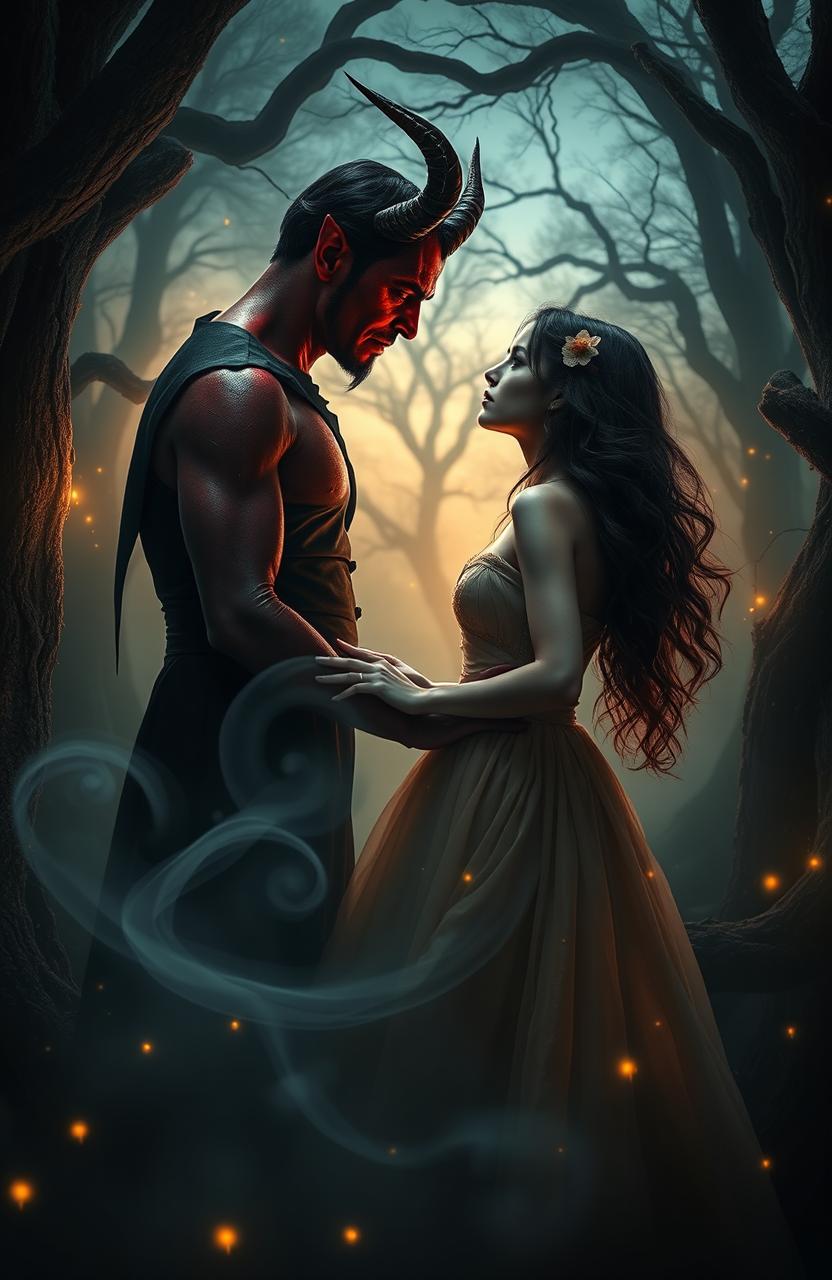 A dramatic and romantic scene depicting a dark, enchanted forest at twilight, where a mysterious figure resembling a devil is gazing passionately at a beautiful woman dressed in an elegant, flowing gown