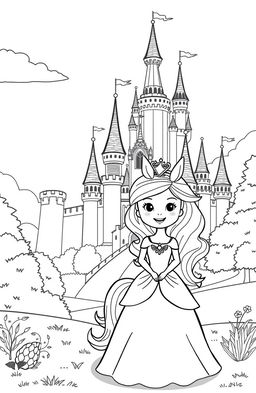 A whimsical black and white clipart scene featuring a cute princess standing next to a majestic unicorn