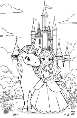 A whimsical black and white clipart scene featuring a cute princess standing next to a majestic unicorn