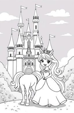 A whimsical black and white clipart scene featuring a cute princess standing next to a majestic unicorn