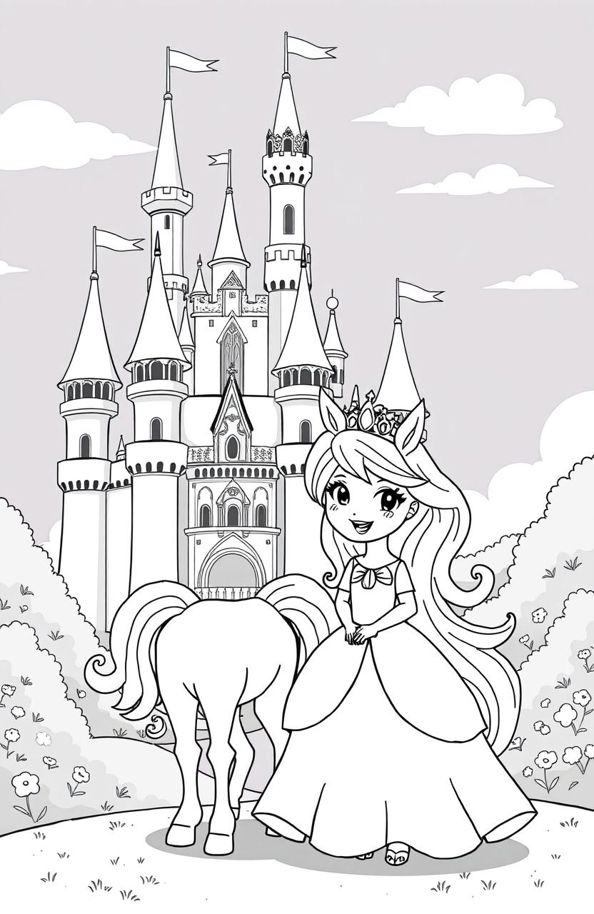 A whimsical black and white clipart scene featuring a cute princess standing next to a majestic unicorn