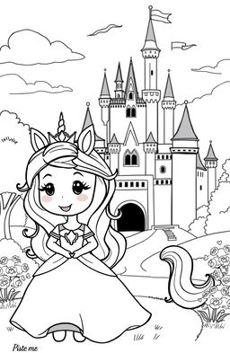 A whimsical black and white clipart scene featuring a cute princess standing next to a majestic unicorn