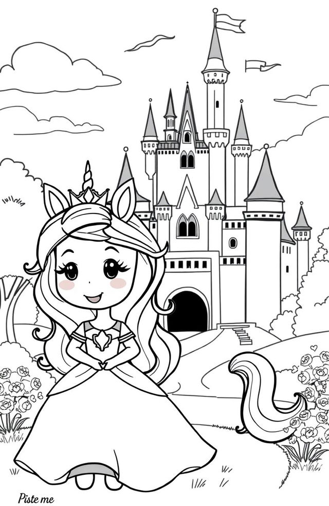 A whimsical black and white clipart scene featuring a cute princess standing next to a majestic unicorn