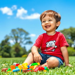 A young boy with a joyful expression, sitting on a grassy field under a bright blue sky