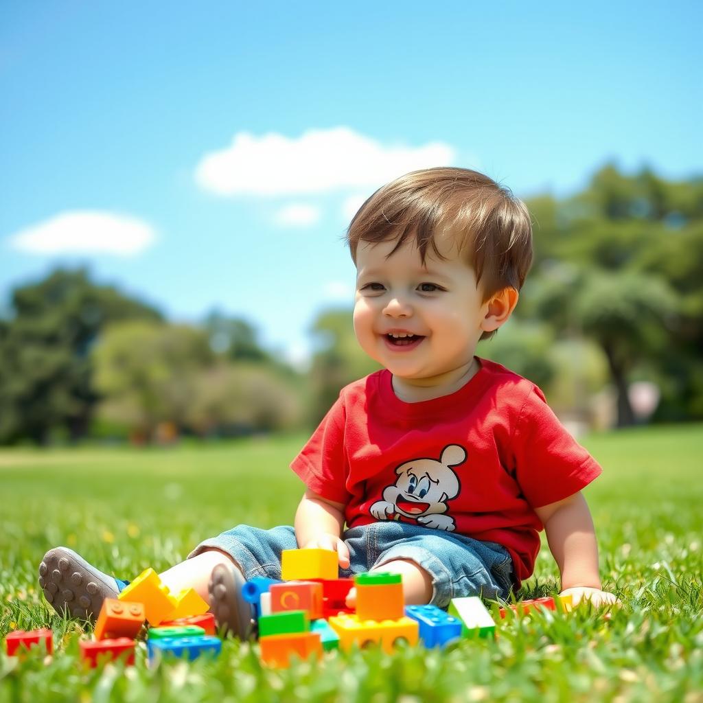 A young boy with a joyful expression, sitting on a grassy field under a bright blue sky