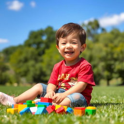 A young boy with a joyful expression, sitting on a grassy field under a bright blue sky
