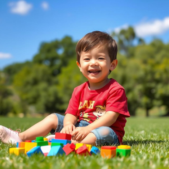 A young boy with a joyful expression, sitting on a grassy field under a bright blue sky