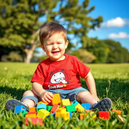 A young boy with a joyful expression, sitting on a grassy field under a bright blue sky