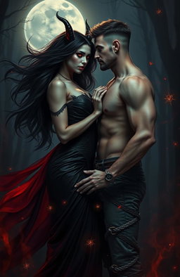 A dramatic scene depicting a forbidden love between a beautiful, seductive demoness with flowing dark hair and piercing red eyes, and a handsome, brave mortal man