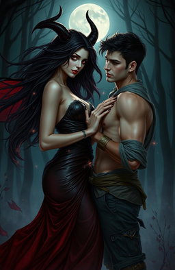 A dramatic scene depicting a forbidden love between a beautiful, seductive demoness with flowing dark hair and piercing red eyes, and a handsome, brave mortal man