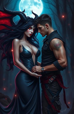A dramatic scene depicting a forbidden love between a beautiful, seductive demoness with flowing dark hair and piercing red eyes, and a handsome, brave mortal man