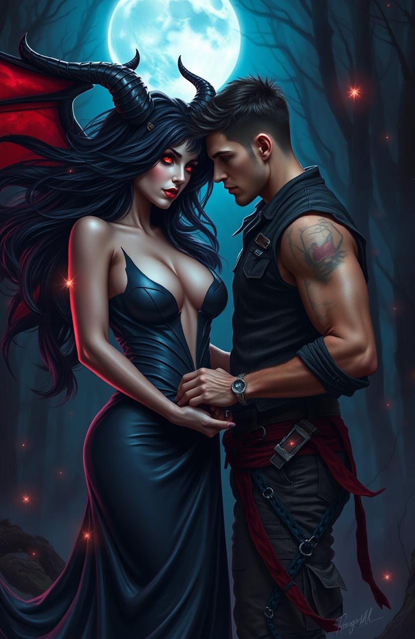 A dramatic scene depicting a forbidden love between a beautiful, seductive demoness with flowing dark hair and piercing red eyes, and a handsome, brave mortal man