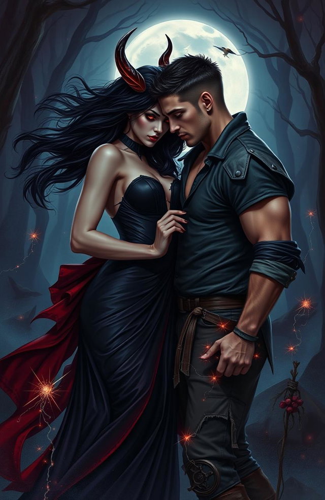 A dramatic scene depicting a forbidden love between a beautiful, seductive demoness with flowing dark hair and piercing red eyes, and a handsome, brave mortal man