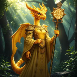 A majestic golden Female Dragonborn Cleric of Life, standing confidently with a radiant aura
