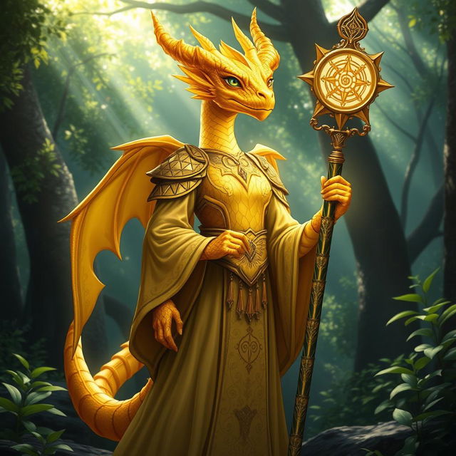 A majestic golden Female Dragonborn Cleric of Life, standing confidently with a radiant aura