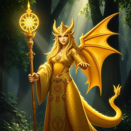 A majestic golden Female Dragonborn Cleric of Life, standing confidently with a radiant aura