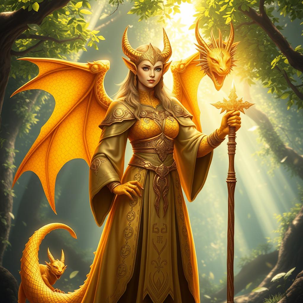 A majestic golden Female Dragonborn Cleric of Life, standing confidently with a radiant aura