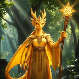 A majestic golden Female Dragonborn Cleric of Life, standing confidently with a radiant aura