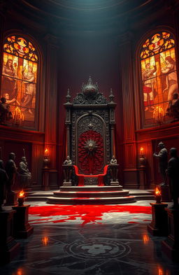 A grand and ominous throne room, featuring an intricately designed throne stained with blood
