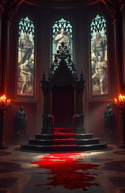 A grand and ominous throne room, featuring an intricately designed throne stained with blood