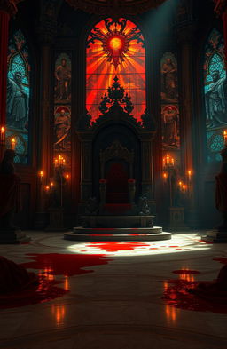 A grand and ominous throne room, featuring an intricately designed throne stained with blood
