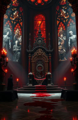 A grand and ominous throne room, featuring an intricately designed throne stained with blood