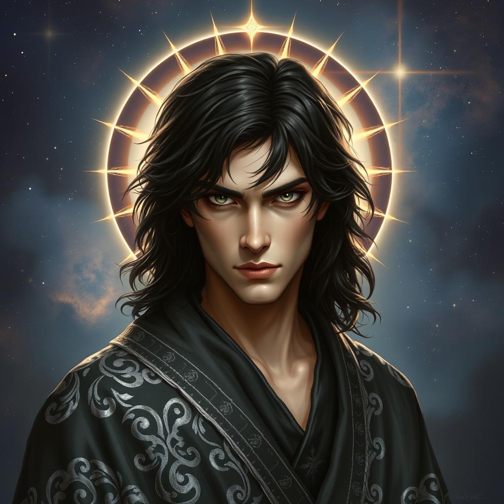 A dark-haired male Aasimar with celestial features, wearing a robe adorned with silver patterns that reflect his divine heritage