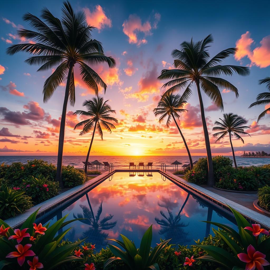 A vibrant scene featuring a serene coastal sunset with palm trees swaying gently in the breeze