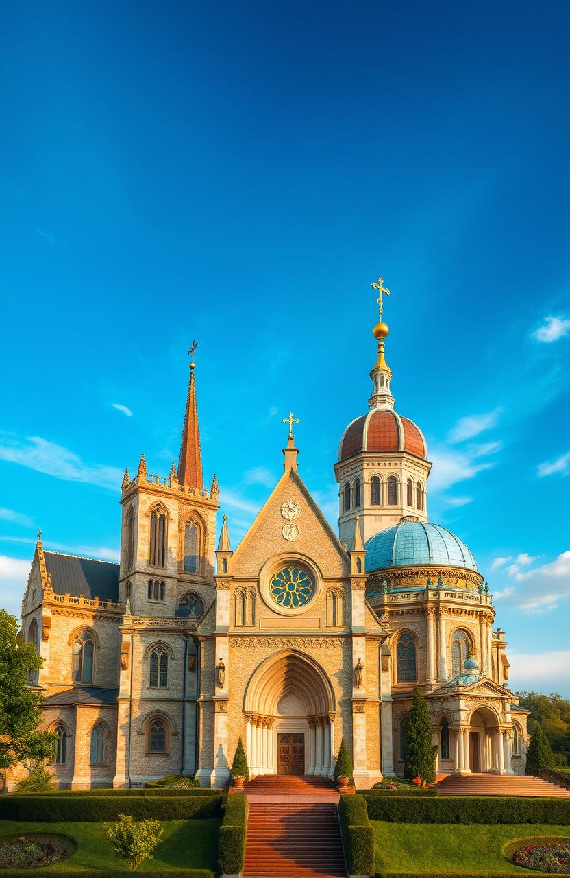 A beautiful historical representation of a church evolving over the centuries, showcasing architectural changes from a simple medieval structure to a grand modern-day design