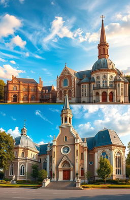 A beautiful historical representation of a church evolving over the centuries, showcasing architectural changes from a simple medieval structure to a grand modern-day design