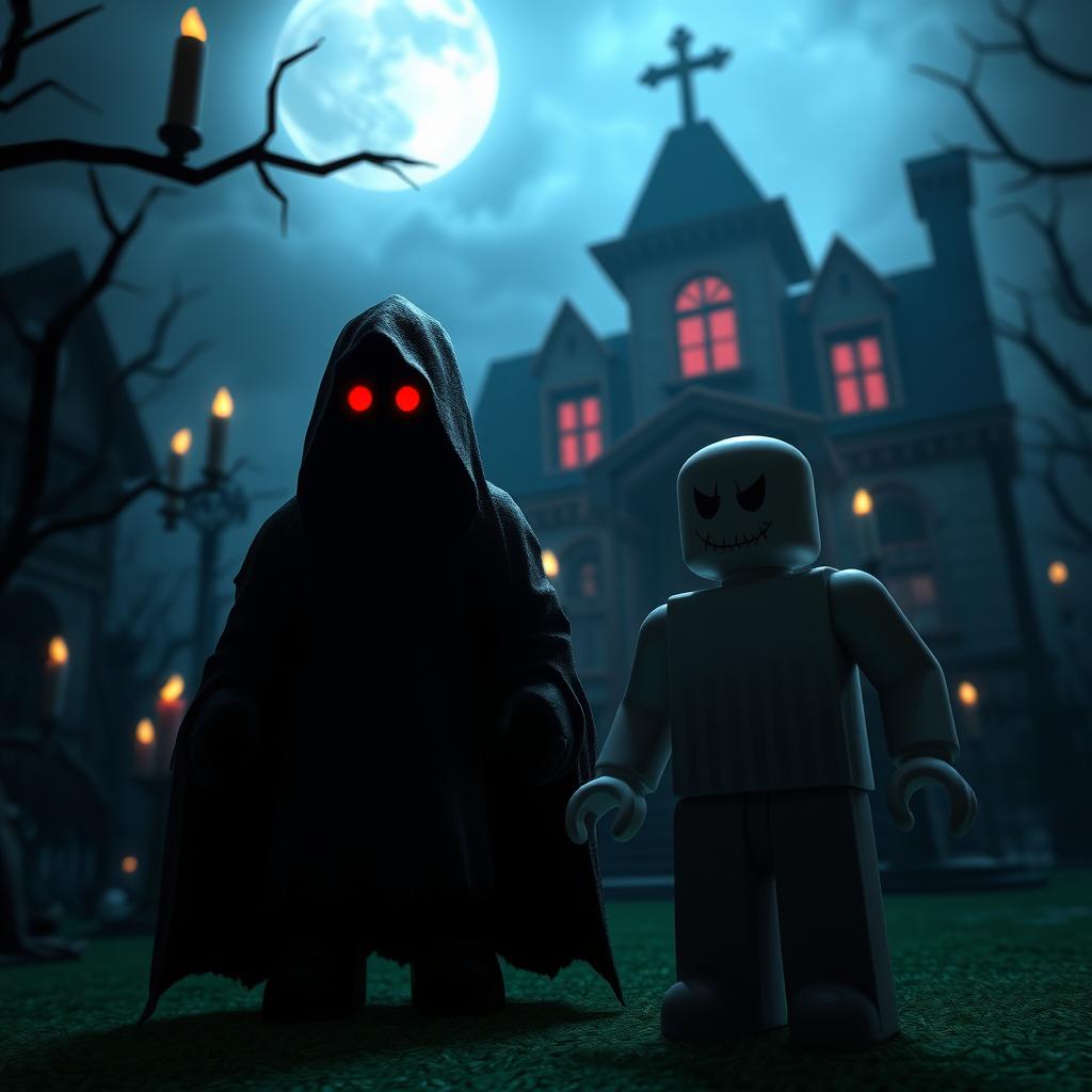 A dark and eerie Roblox horror scene featuring two distinct characters in a menacing environment