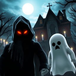 A dark and eerie Roblox horror scene featuring two distinct characters in a menacing environment