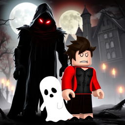 A dark and eerie Roblox horror scene featuring two distinct characters in a menacing environment