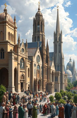 A rich, detailed artistic representation of the Christian Church's evolution through the ages, showcasing significant architectural styles from different historical eras