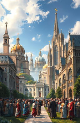 A rich, detailed artistic representation of the Christian Church's evolution through the ages, showcasing significant architectural styles from different historical eras