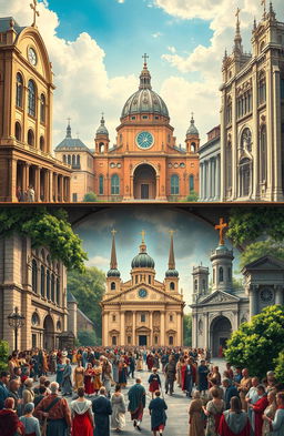 A rich, detailed artistic representation of the Christian Church's evolution through the ages, showcasing significant architectural styles from different historical eras