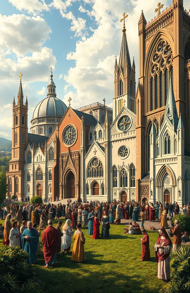 A rich, detailed artistic representation of the Christian Church's evolution through the ages, showcasing significant architectural styles from different historical eras